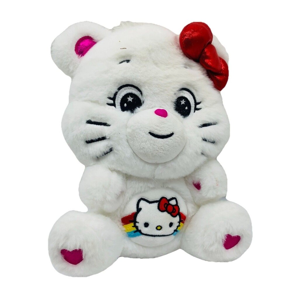 Hello Kitty Care Bears Cheer Bear Plush Collab Cross-over White Red Bow Whiskers